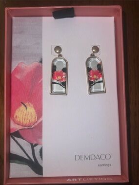 Demdaco Gold-Tone Glass Drop Earrings with Pink Floral Motif
